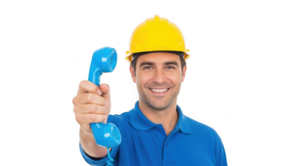 A smiling construction worker in a yellow hard hat holds up a blue telephone receiver isolated on transparent background