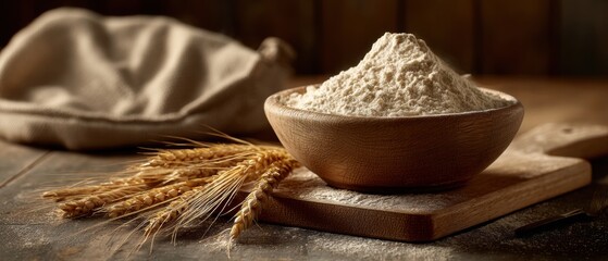 A rustic wooden bowl filled with flour sits on a cutting board beside wheat stalks, suggesting a cozy baking scene