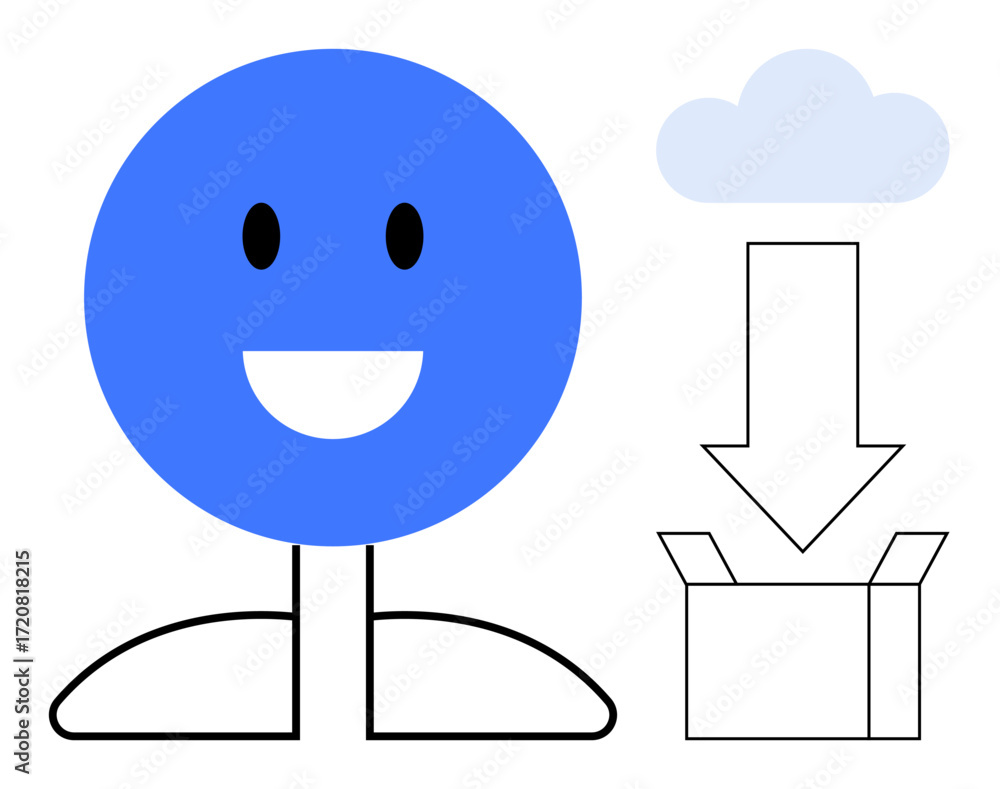 Poster blue smiling figure next to cloud, arrow pointing to open box. ideal for cloud storage, data sharing