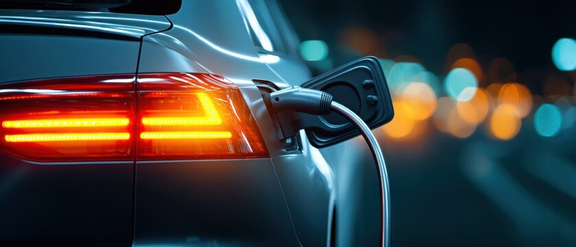 A modern electric car is charging at a station at night, with its taillights glowing and city lights blurred in the background