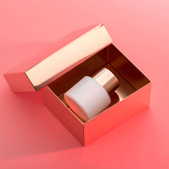 White bottle in a gold box on a pink background.