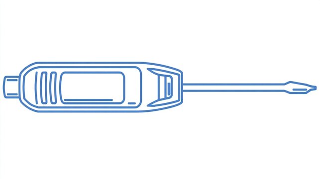 A blue line drawing depicts a slender, handheld device with a pointed tip, a rectangular display, and a connector at one end, suggesting a precision instrument for testing or application