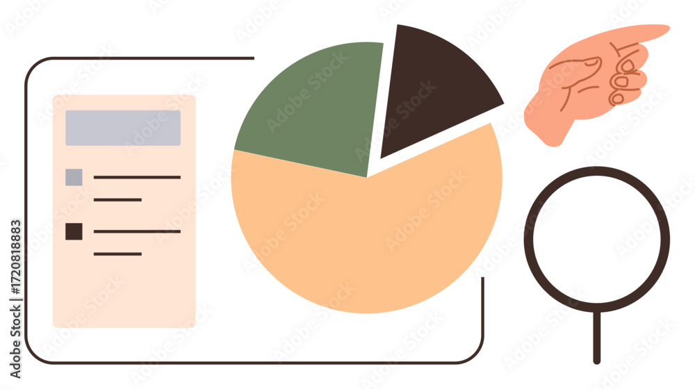 Poster pie chart visualization, task list, magnifying glass for investigation, and pointing hand. ideal for