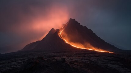Fototapeta premium A glowing volcano erupts at dusk, with bright lava flowing down its dark, rugged slopes under a dramatic, smoky sky