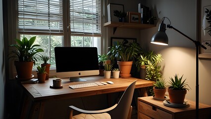 workspace in a home with hyper-realistic plants and natural light, ultra-detailed.