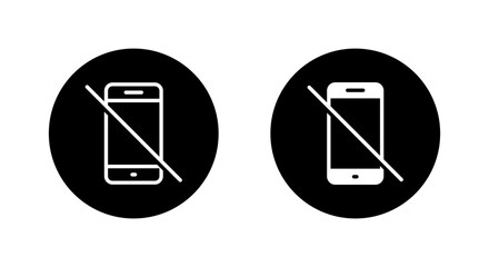 Phone use not allowed icon. No smartphone symbol in black circle. Mobile device prohibited sign for quiet area, meeting room, or exam zone