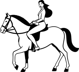 Black and white line art of a beautiful woman with perfect body riding horse elegant minimalist illustration