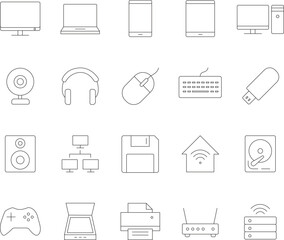 Modern computer technology line icons with editable stroke for digital design and web applications