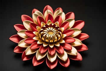 A 3d artwork of a Chrysanthemum mandala in red and gold metallic accents, black backdrop
