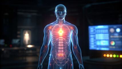 Hologram human body with glowing injection site and illuminated internal organs conveying medical urgency