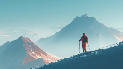 A lone hiker in a red jacket stands on a snowy slope, overlooking majestic, misty mountain peaks under a clear blue sky