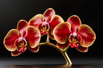 A 3d artwork of an Orchid flower in a luxury red and gold motif, black backdrop