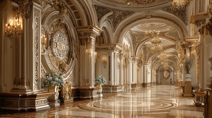 Fototapeta premium Ornate interior hall with marble floor and columns