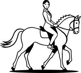 Black and white line art of a beautiful woman with perfect body riding horse elegant minimalist illustration