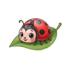 Obraz premium A cute red ladybug, a small spring insect, is on a green leaf