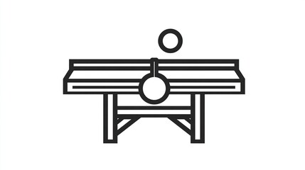 Line art illustration of a table tennis table with a ball in motion, depicted in a simple, minimalist style, showcasing the net and legs