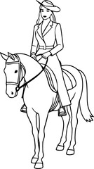 Black and white line art of a beautiful woman with perfect body riding horse elegant minimalist illustration