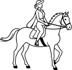 Black and white line art of a beautiful woman with perfect body riding horse elegant minimalist illustration