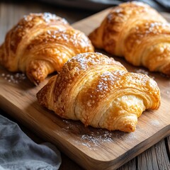 Closeup of three golden brown croissants dusted with powdered sugar on a wooden board, showcasing the flaky layers and delicious texture