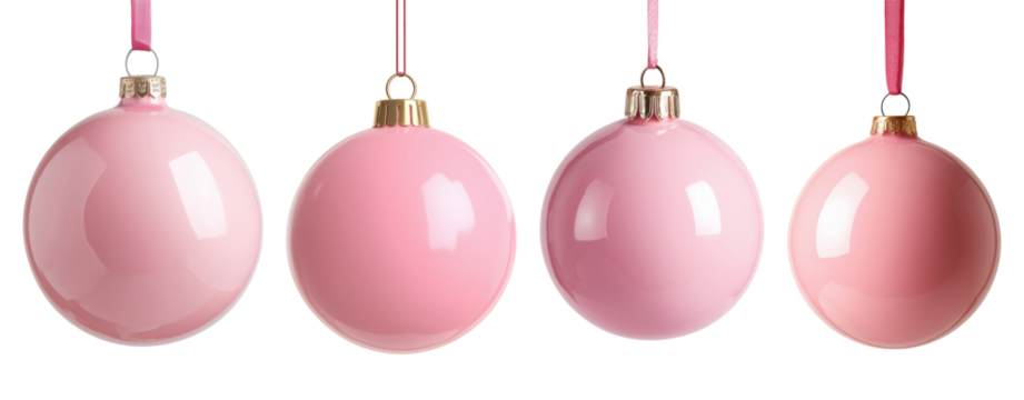 Four beautiful pink Christmas baubles with gold caps and ribbons, isolated on transparent background