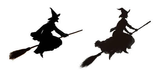 Witch silhouette flying on broomstick isolated on transparent PNG background, white background, cut out