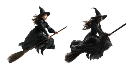 Flying witch on broomstick isolated on transparent PNG background, white background, cut out