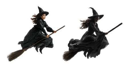 Flying witch on broomstick isolated on transparent PNG background, white background, cut out