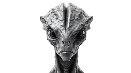 Alien creature head isolated on transparent PNG background, white background, cut out