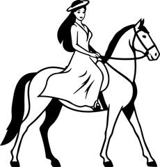 Black and white line art of a beautiful woman with perfect body riding horse elegant minimalist illustration