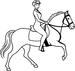 Black and white line art of a beautiful woman with perfect body riding horse elegant minimalist illustration