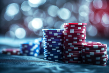 Stacks of poker chips on casino table with dramatic bokeh lighting