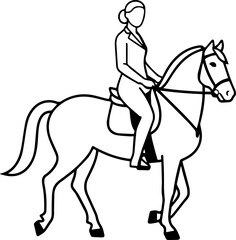 Black and white line art of a beautiful woman with perfect body riding horse elegant minimalist illustration