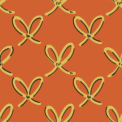 Joyful bows stacked in a lattice pattern forming a minimalist holiday pattern in colors of yellow, black on orange background. Christmas seamless vector pattern. Great for homedecor, fabric, wallpaper