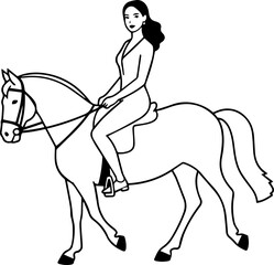 Black and white line art of a beautiful woman with perfect body riding horse elegant minimalist illustration