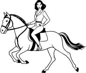 Black and white line art of a beautiful woman with perfect body riding horse elegant minimalist illustration