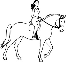 Black and white line art of a beautiful woman with perfect body riding horse elegant minimalist illustration