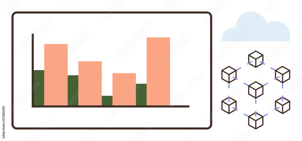 Aufkleber bar chart with pink and green bars alongside blockchain nodes connected in a network and cloud icon.