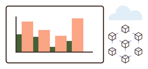 Naklejka premium Bar chart with pink and green bars alongside blockchain nodes connected in a network and cloud icon. Ideal for data analytics, technology, blockchain, cloud computing, innovation, connectivity