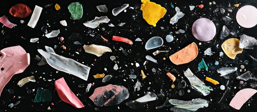 Colorful plastic fragments scattered on a black background, resembling a polluted cosmic scene - Powered by Adobe