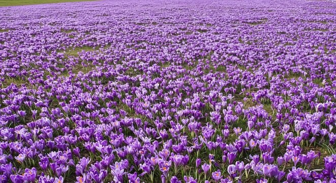 Vibrant field of blooming purple crocuses creating a stunning natural carpet