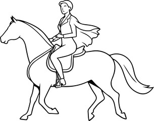 Black and white line art of a beautiful woman with perfect body riding horse elegant minimalist illustration