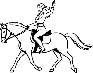 Black and white line art of a beautiful woman with perfect body riding horse elegant minimalist illustration