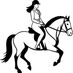 Black and white line art of a beautiful woman with perfect body riding horse elegant minimalist illustration