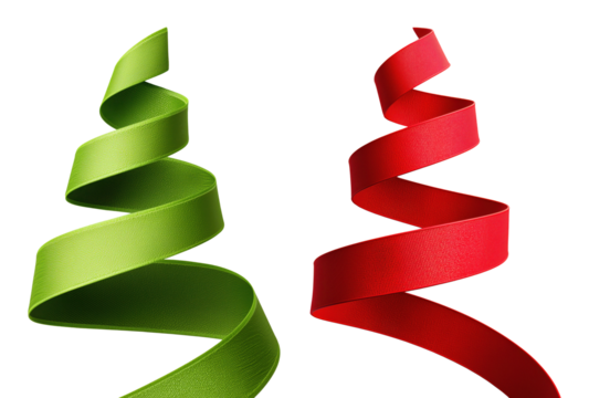 Creative Christmas trees made from green and red spiraling ribbons, isolated on transparent background