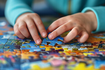 Child hands assembling colorful jigsaw puzzle on table, close-up