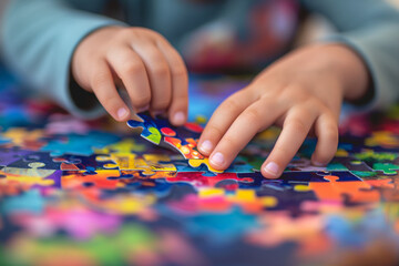 Child hands assembling colorful jigsaw puzzle on table, close-up