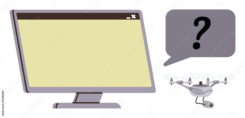 Poster desktop screen alongside flying quadcopter and speech bubble with question mark, highlighting intera