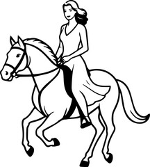 Black and white line art of a beautiful woman with perfect body riding horse elegant minimalist illustration