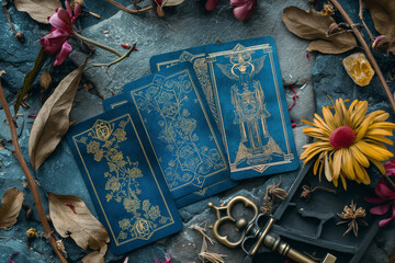 Mystical blue tarot cards with golden pattern and vintage key on stone background