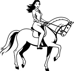 Fototapeta premium Black and white line art of a beautiful woman with perfect body riding horse elegant minimalist illustration